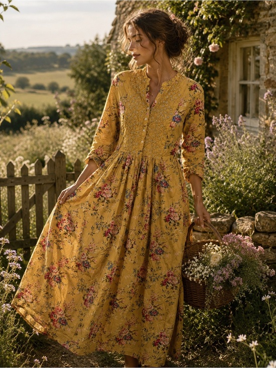 Utsa Dresses & Skirts - Floral Prairie Midi Maxi Dress Cottagecore Boho Cotton Country Embroidery Small